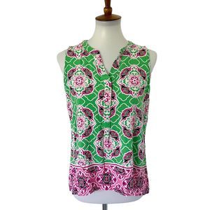 Crown & Ivy Pink Green Sleeveless Tropical Floral Blouse Top Shirt Sz PL Petite